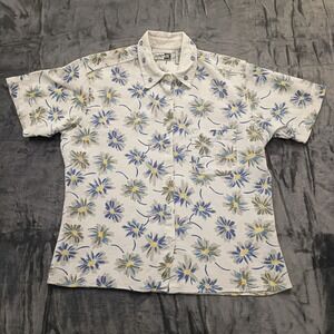 Krazy Kat Floral Waffle‎ Knit Button Shirt L White Blue Yellow Vintage Style